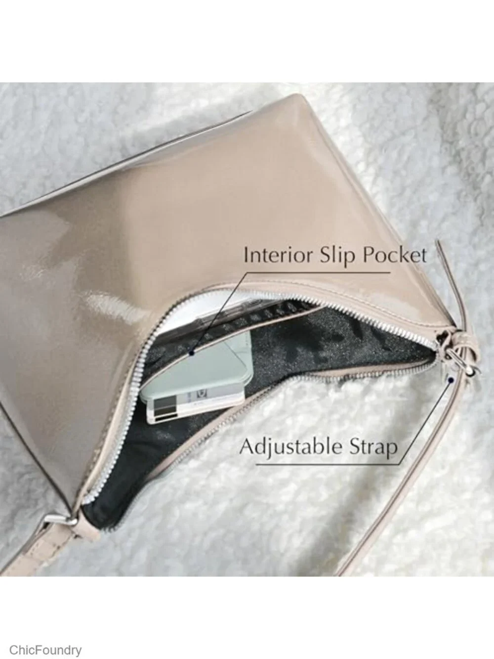 Faux Patent Leather Shoulder Bag Y2K Shiny Women Purse Silver Hardware Zipper